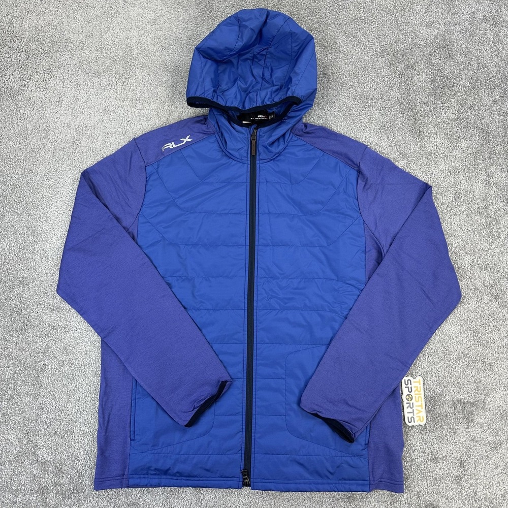 RLX Ralph Lauren Jacket Mens Large Blue Hooded Full Zip Golf Insulated Hybrid